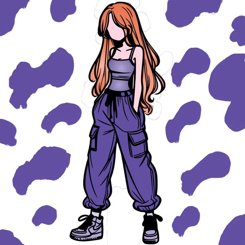 girl in baggy pants crop top and long hair