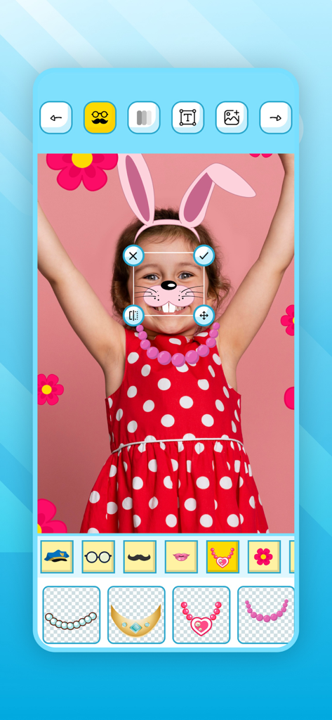 Face Effects Camera - Stickers - La interfaz de una app de edición de fotos que muestra a una niña con stickers de orejas y nariz de conejito aplicados en su cara