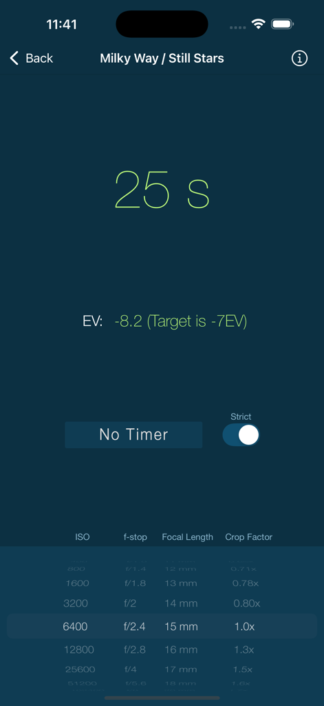 LExp - Long Exposure Calcs - LExp app showing Milky Way and still stars long exposure calculation.