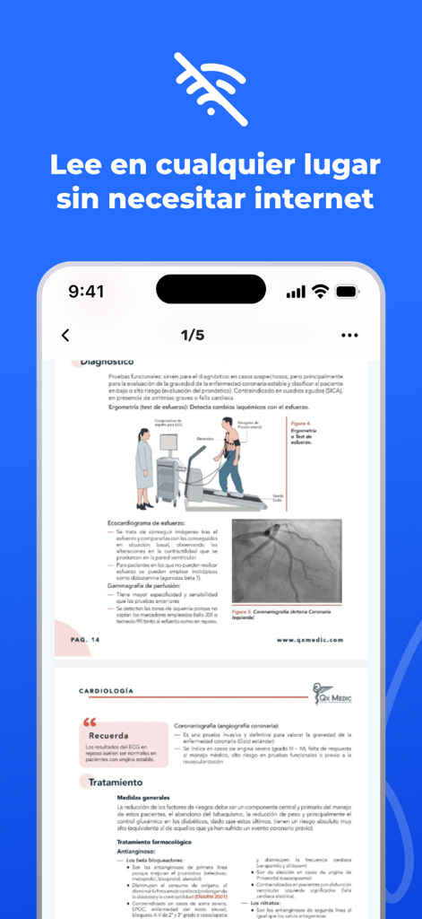Interfaz de la aplicación uDocz mostrando un documento de estudio de cardiología accesible sin conexión a internet