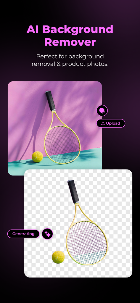 A comparison showing a tennis racket with its original background versus the version where the AI has removed the background for a clean product shot.