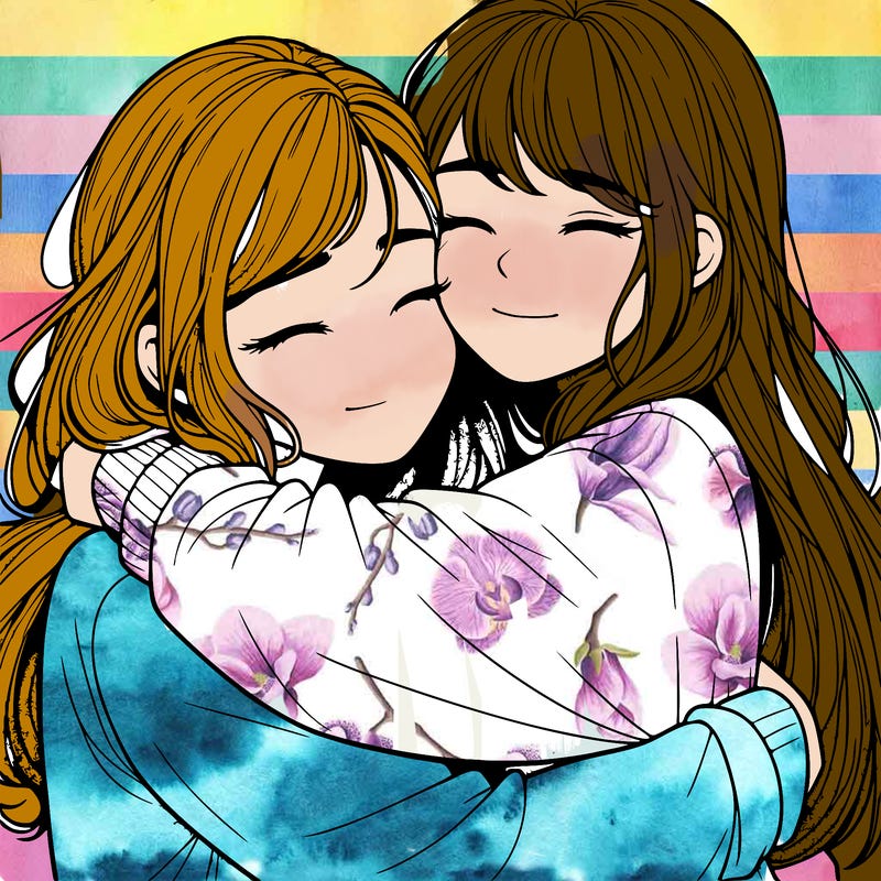 realistic two girls hugging