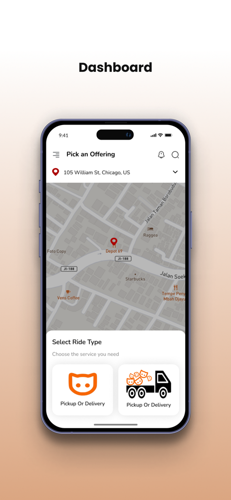 HaulCat User - HaulCat User app dashboard showing a map of Chicago and pickup or delivery service options