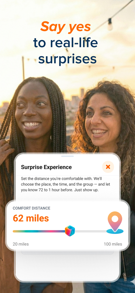 Meet OffScreen: IRL Friends - Meet OffScreen app interface showing the Surprise Experience feature with a comfort distance slider for curated group events
