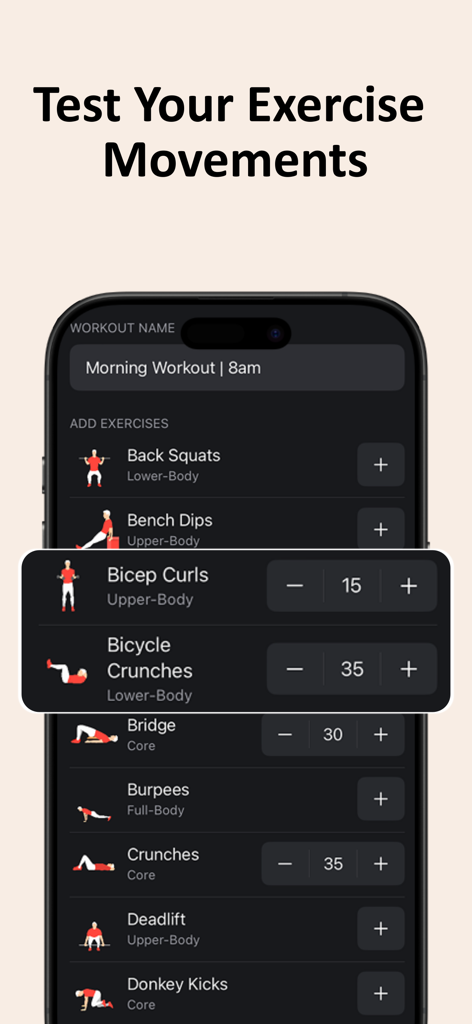 Fireflyアプリのインターフェース、バイセップカールやクランチなどのエクササイズリストを表示し、モーニングワークアウトルーチンに追加するオプション付き