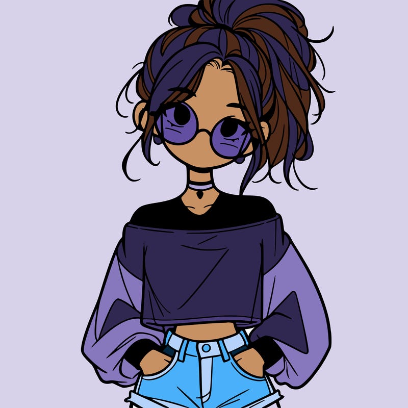 girl with a messy ponytail glasses a baggy crop top and jean shorts