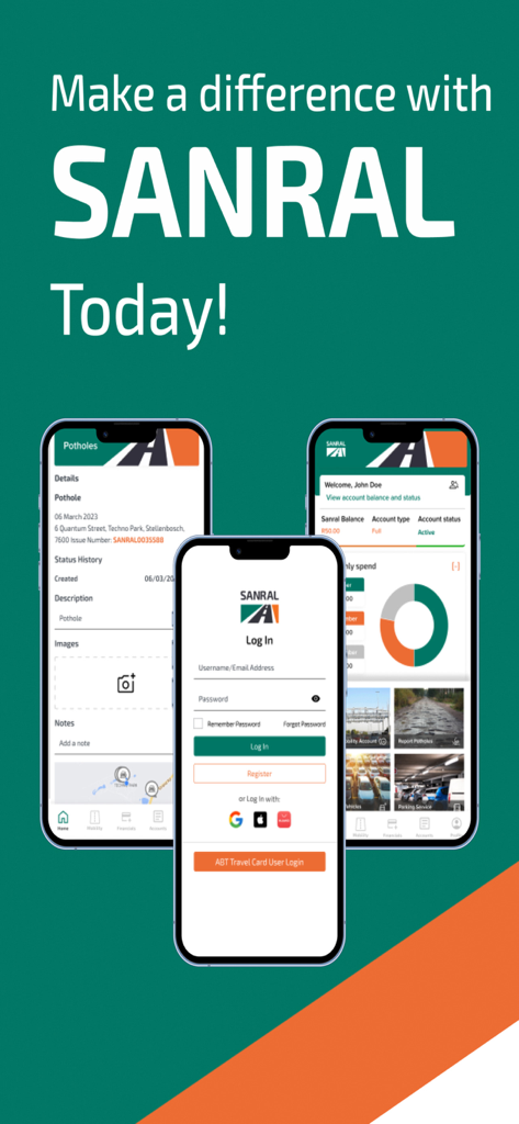 SANRAL mobile app displaying login screen and account dashboard features