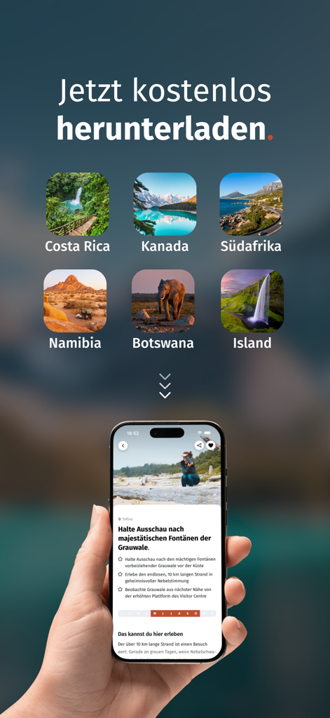 Wildful Stories: Roadtrip App - Teléfono móvil mostrando la aplicación Wildful Stories con iconos de destinos para Costa Rica, Canadá y Namibia