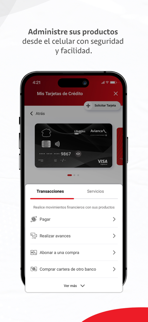Davivienda - Davivienda Mobile App-Oberfläche mit Kreditkartenverwaltungsoptionen wie Bezahlen und Vorschüsse leisten