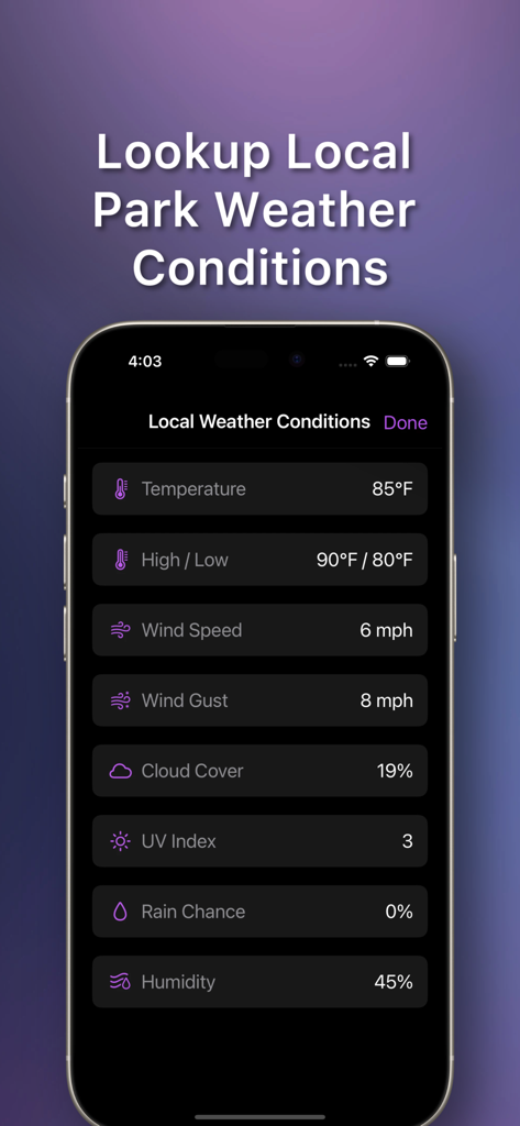 FL Parks: Map & Guide - Local weather conditions screen for Florida state parks