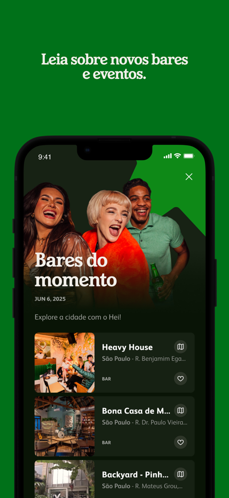 Hei - Mobile interface of the Hei app featuring a curated list of trending bars and social events in Sao Paulo.