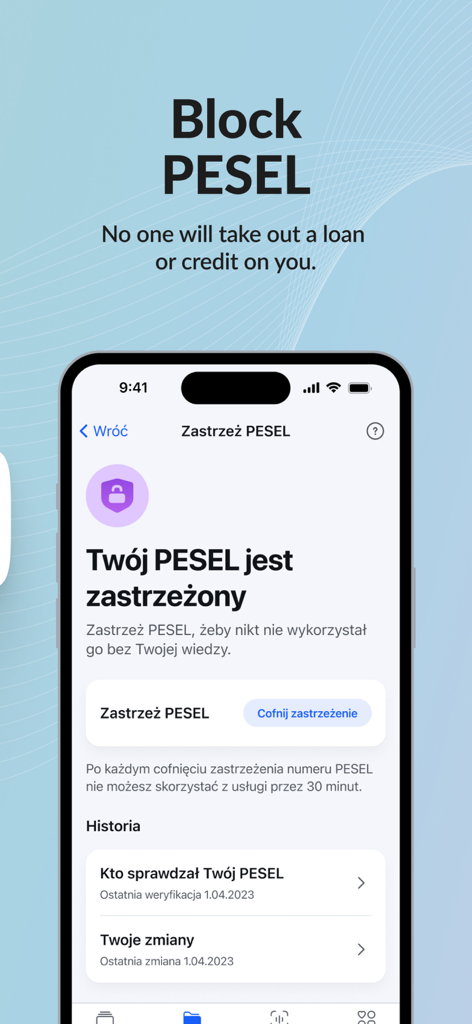 mObywatel - mObywatel app interface showing the PESEL blocking feature for identity protection