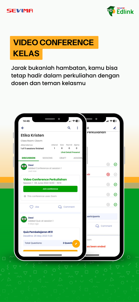 EdLink - EdLink mobile app interface showing class discussion and video conference options