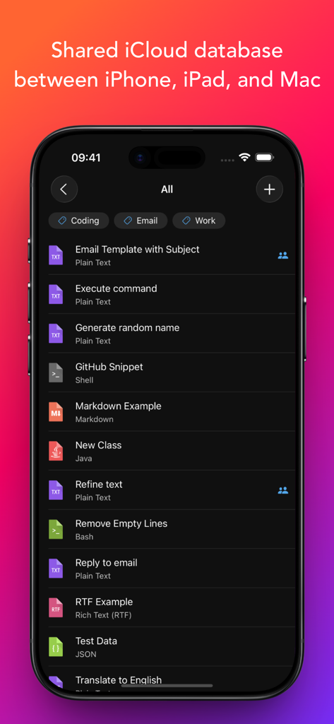 Snippety - Snippets Manager - Aplicativo Snippety em um iPhone exibindo uma lista de snippets de texto e código com um cabeçalho de sincronização do iCloud.