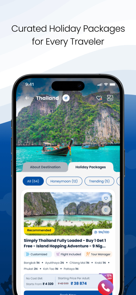 厳選されたタイ旅行パッケージと旅程の詳細を表示するトーマス・クック・ホリデーズ・アプリの画面