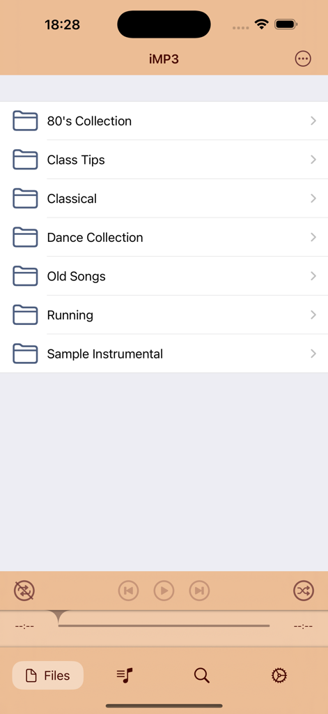 iMP3 app interface showing a list of organized music folders including 80s Collection and Classical