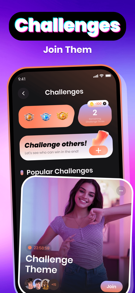 Fingro：Adult Share，Video Call - Interface of the Fingro app showing the Challenges section with popular themes and a Join button.