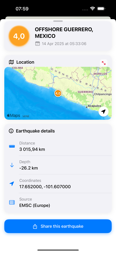 Earthquake Alerts Map for USGS - Detalles de actividad sísmica para un terremoto de magnitud 4.0 con mapa geográfico y datos de profundidad