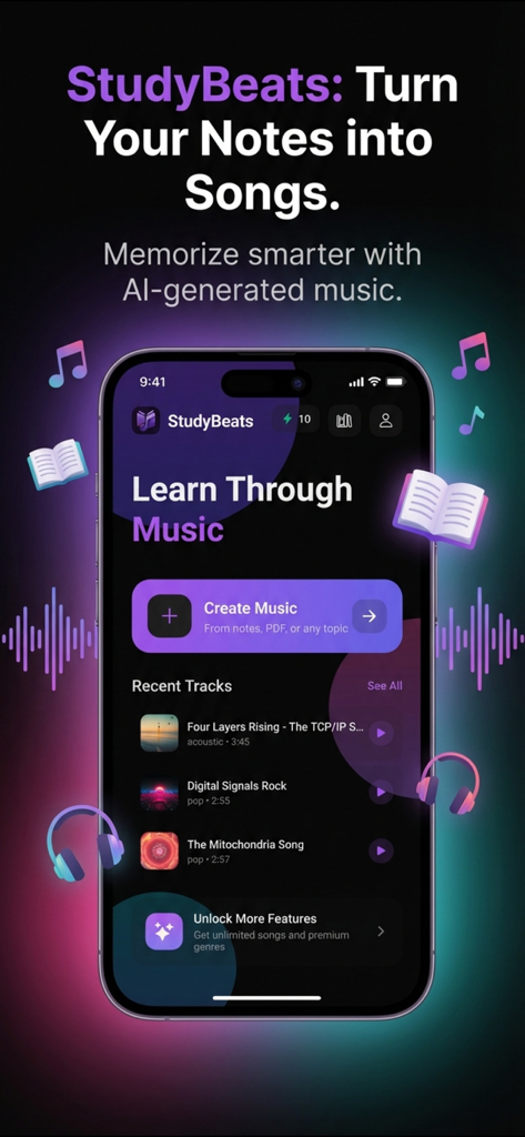 StudyBeats: AI Song Generator - StudyBeats app interface for turning study notes into AI-generated songs
