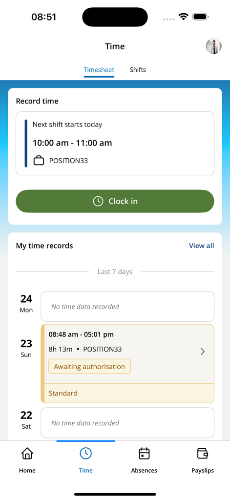 The Time section of the iTrent Mobile app featuring a clock in button and a summary of weekly time records