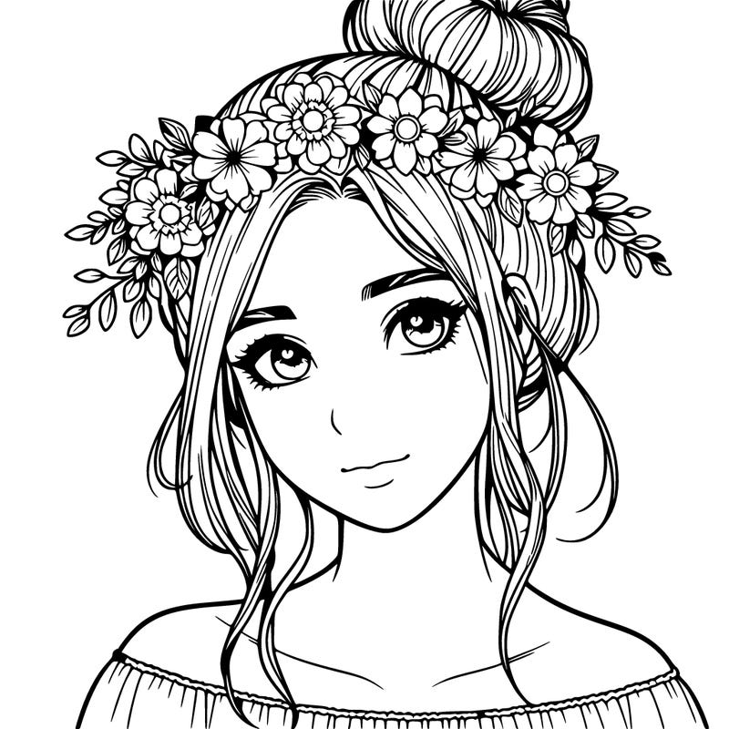 realistic girl with a flower crown and a bun