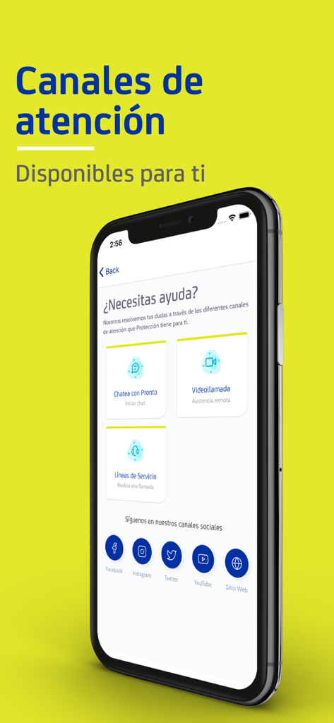 Protección - Customer service screen of the Proteccion app showing help options like chat, video call, and service lines.