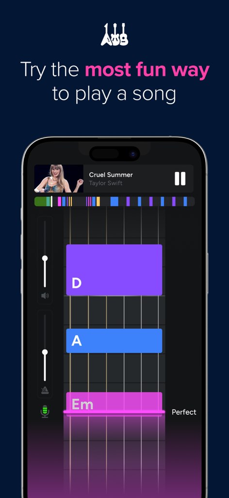 A smartphone screen displaying a gamified guitar learning interface with scrolling chords for a Taylor Swift song.