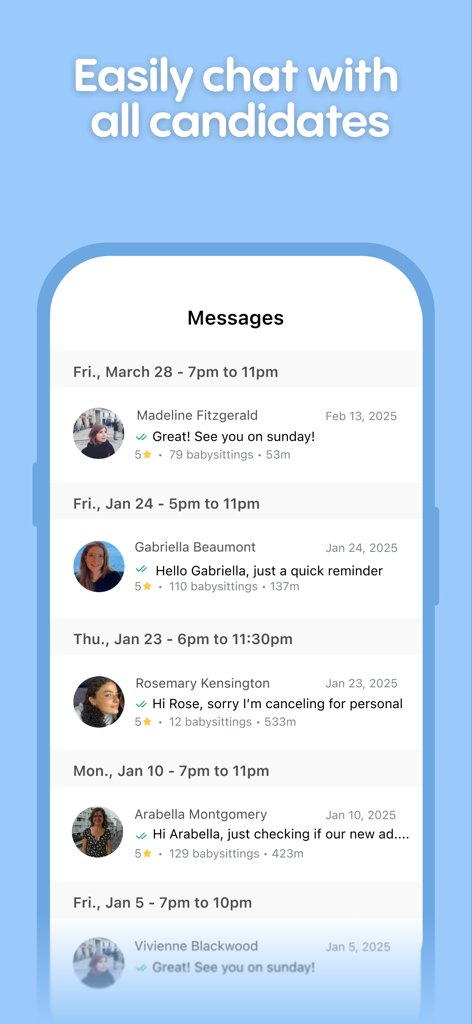 Baby Sittor - Screenshot of the Baby Sittor app showing a list of message conversations with various babysitting candidates