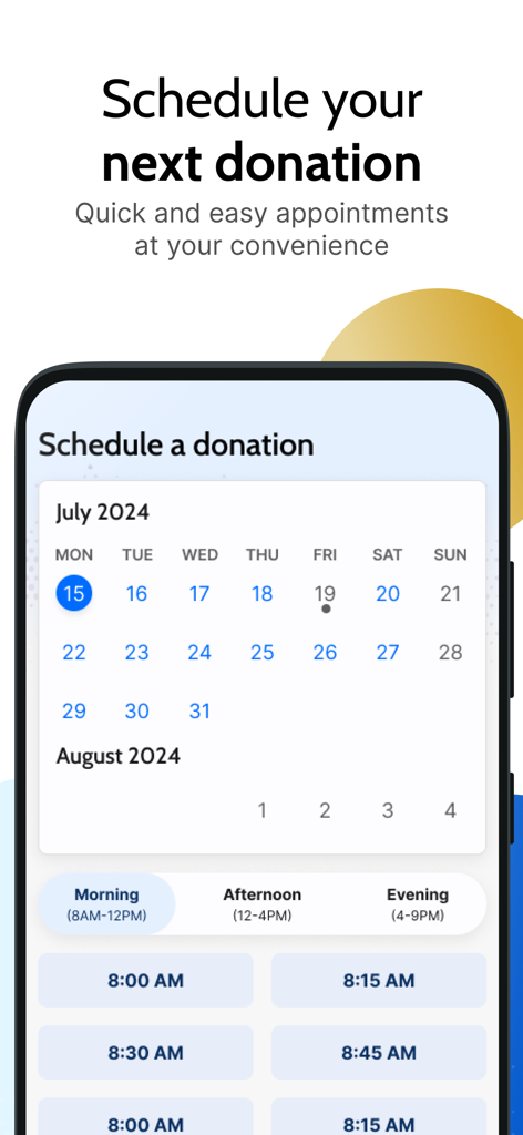 In-app calendar and time slot selection for scheduling a plasma donation appointment
