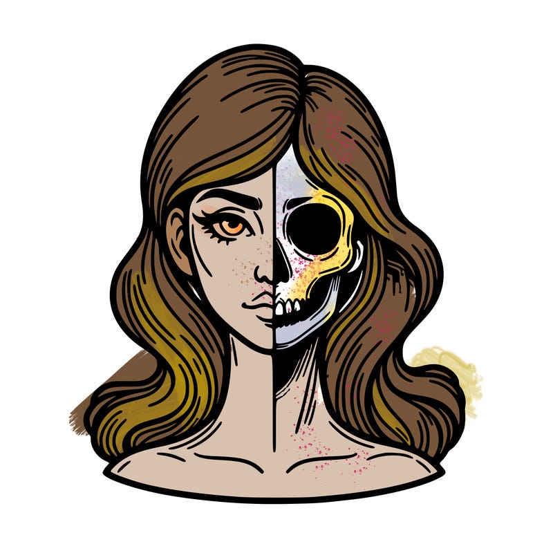 bust of a woman, half face and hair, half skull