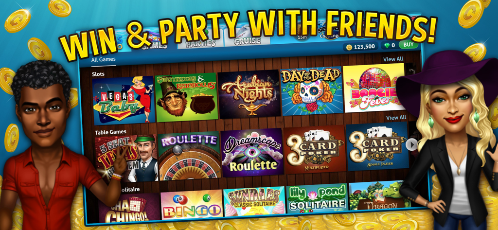 7 Seas Casino - A menu of games in 7 Seas Casino including slots, roulette, bingo, and poker with two avatars and a headline about winning and partying with friends