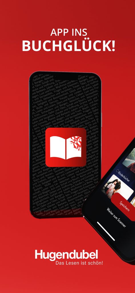 Schermata di benvenuto dell'app Hugendubel che mostra il logo e la sezione libri per bambini su uno sfondo rosso