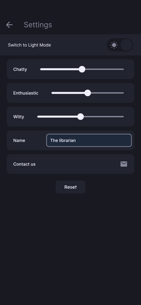 The Librarian - AI personality settings screen with sliders for chatty enthusiastic and witty traits