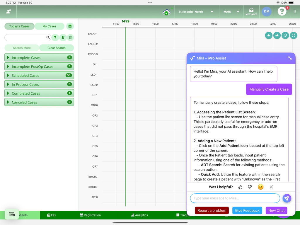 iPro Anesthesia 2 - A screenshot of the iPro Anesthesia 2 iPad app featuring the Mira AI assistant providing instructions on how to manually create a patient case