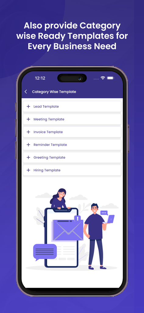 365 CRM - 365 CRM app screen displaying various category-wise templates for leads meetings invoices and hiring