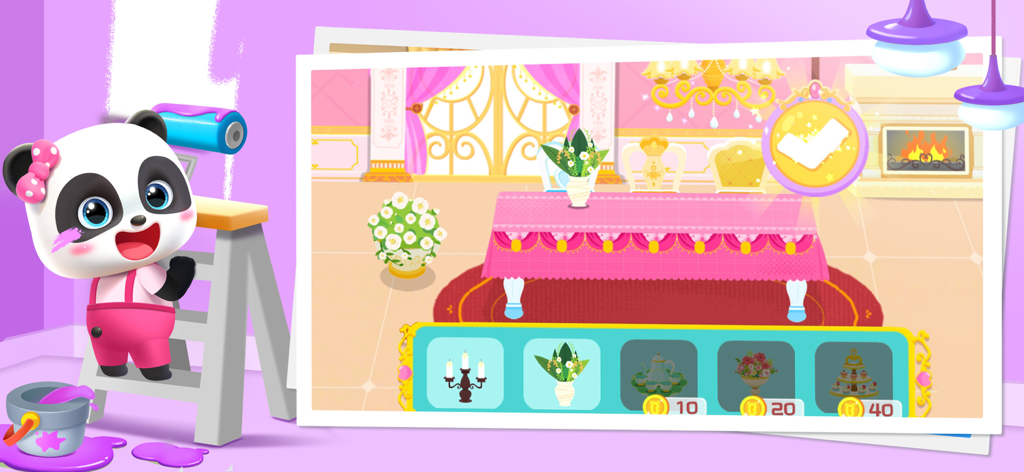 Baby Panda's City - Baby Panda decorating a room with a pink table and gold ornaments