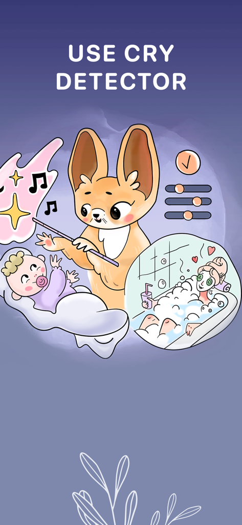 Illustration montrant la fonctionnalité du détecteur de cris avec un bébé endormi et une mère se relaxant dans un bain.