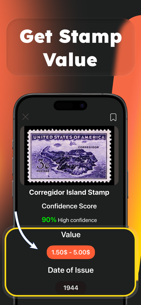 Stamp Value Identifier: Stampy - Écran d'application de smartphone affichant la valeur marchande et la date d'émission de 1944 pour un timbre-poste vintage des États-Unis de Corregidor Island.