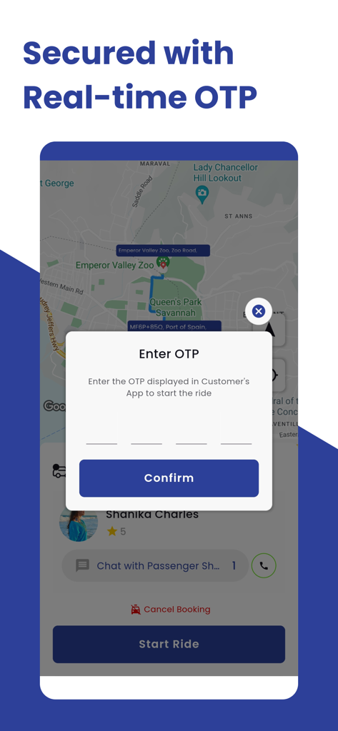 TrucabTT Driver app interface showing an OTP verification prompt for secure ride start