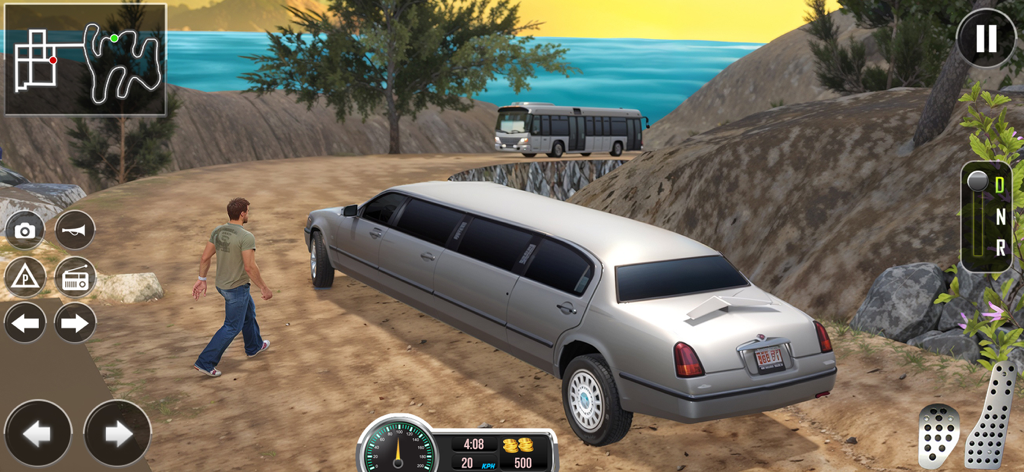 Limo Driving simulator 2025 - Gameplay of a silver limousine driving on a dirt path near the coast in a 3D simulator