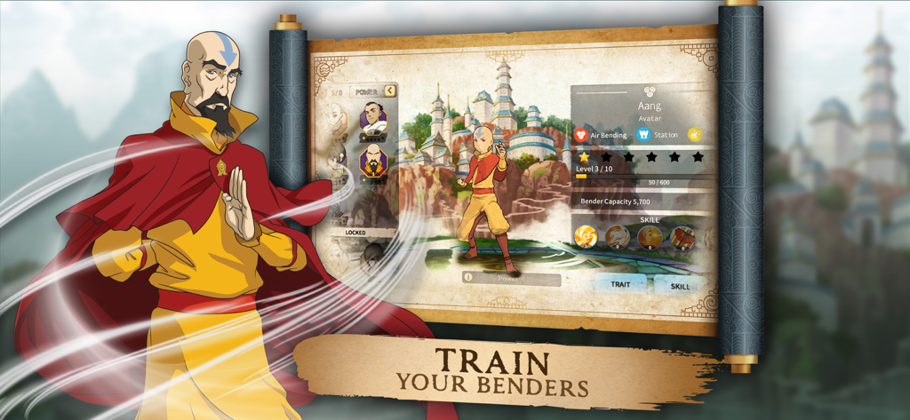 Écran d'entraînement des personnages Tenzin et Aang dans Avatar Realms Collide