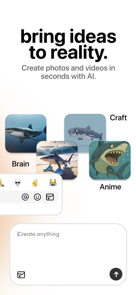 Giggles: go viral - Interfaccia dell'app Giggles che mostra immagini di squali generate dall'IA in diversi stili artistici come anime e artigianato