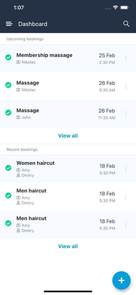 SimplyBook.me admin - Dashboard di SimplyBook.me admin che mostra un elenco di appuntamenti aziendali imminenti e recenti.