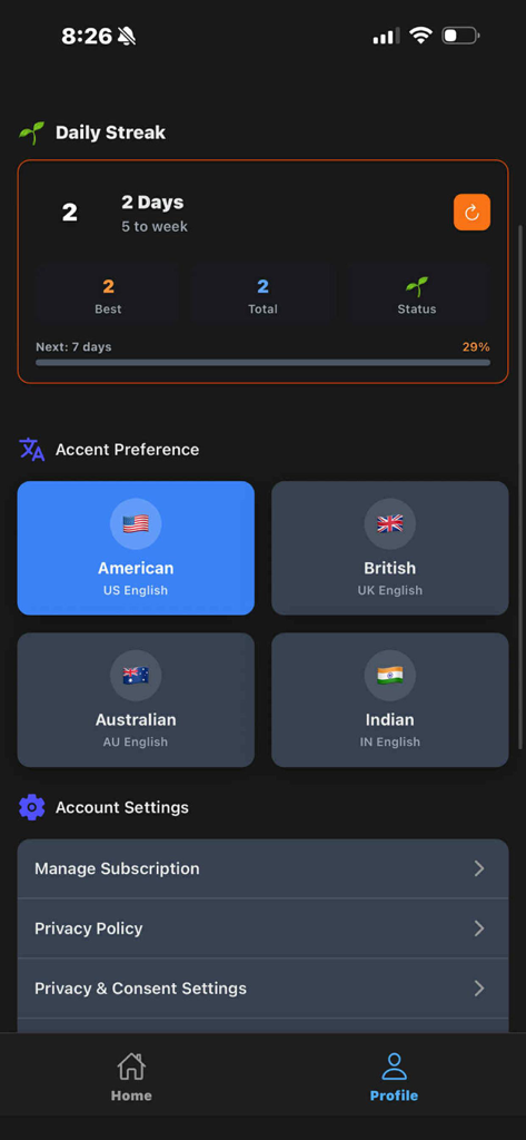 Bhasha App - Bhasha app profile screen showing a daily learning streak, English accent preferences, and account settings for Nepali learners.