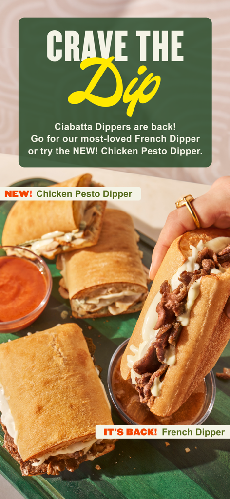 Panera Breadアプリの画面に、フレンチディッパーと新しいチキンペストディッパーサンドイッチが表示されています。