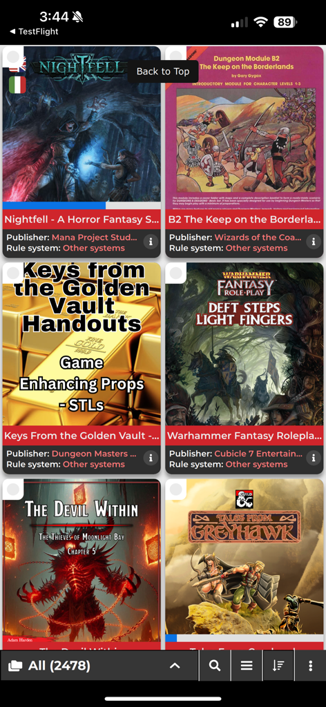 DriveThruRPG Library - さまざまなRPGの表紙とタイトルが表示されているDriveThruRPGアプリのデジタルライブラリインターフェイス