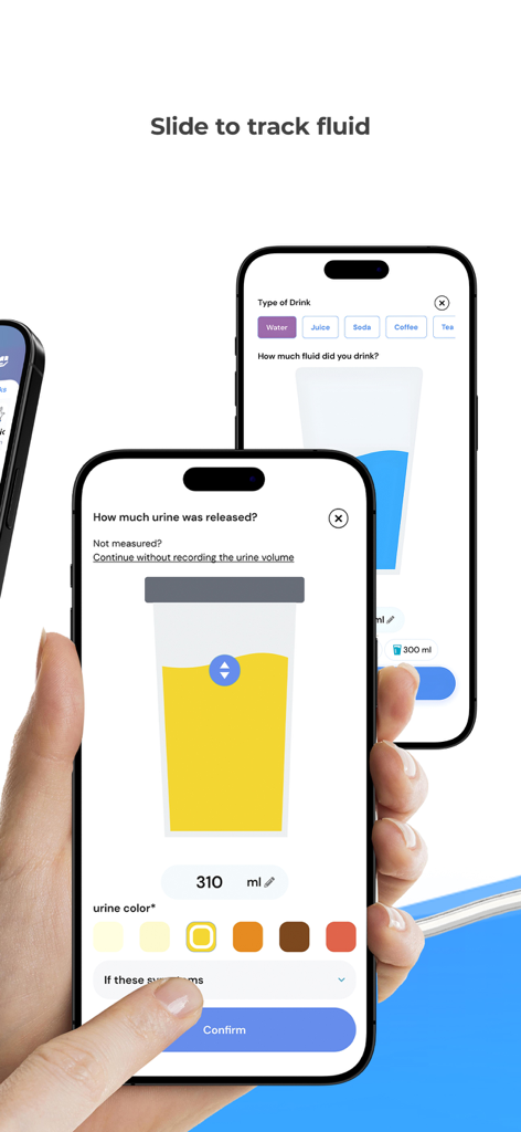 Nelaton: Self-Catheterization - An iPhone screen displaying the Nelaton app interface for logging urine volume and color alongside fluid intake tracking