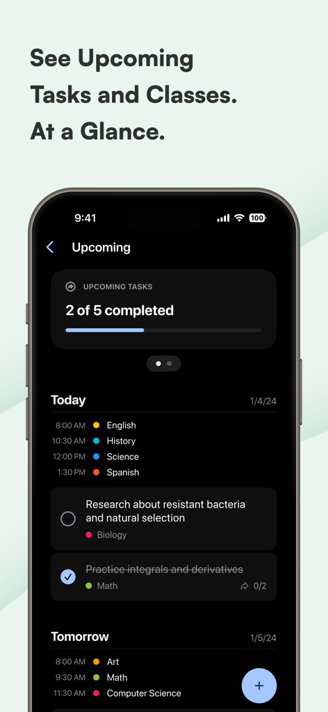 School Planner & Timetable - School Planner app interface showing upcoming tasks and daily class schedule.