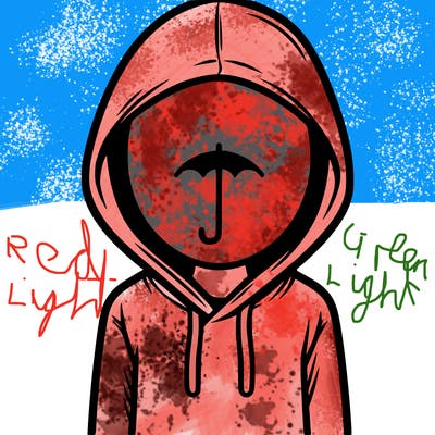 a person with non face waering a hoodie with a small umbrella symbol
