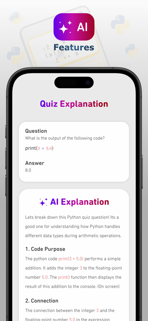 Python Quizz - Screenshot of the Python Quizz app interface showing an AI-powered explanation for a coding question about data types.